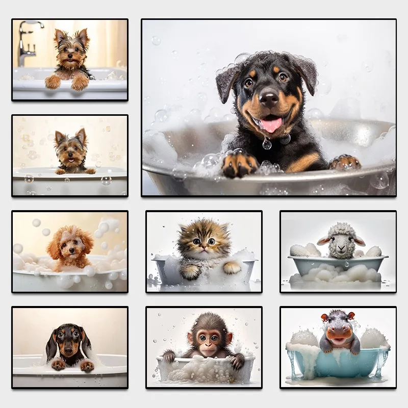 Funny Animal Dog Pup Kitten Baby Monkey Lamb Hippo in The Bathtub Poster Humor Cute  Bathroom Wall Art Canvas Picture Home Decor