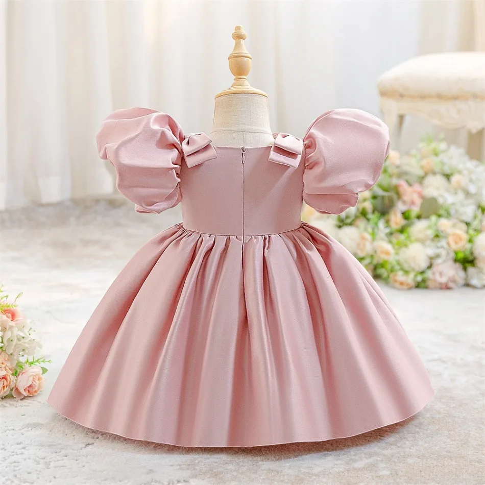 Girls Pink Satin Ball Gown with Puff Sleeves and Bows Formal Dress for Birthday Party Special Occasion and Holiday Parties ASQ03 view 3