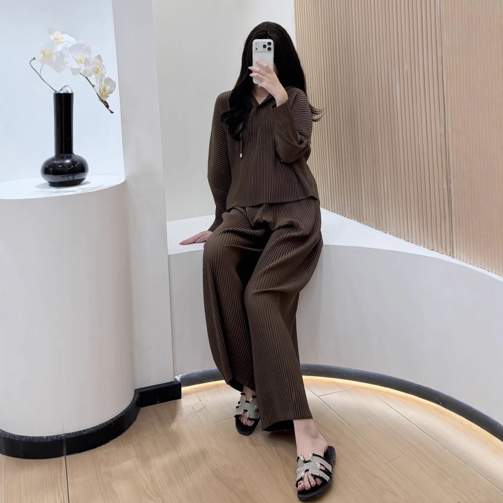 Women Hoodie Straight Pants 2 Piece Set Eid Muslim Suit Hooded sweatshirt Top Trousers Ensemble Folds Ramadan Morocco Outfits