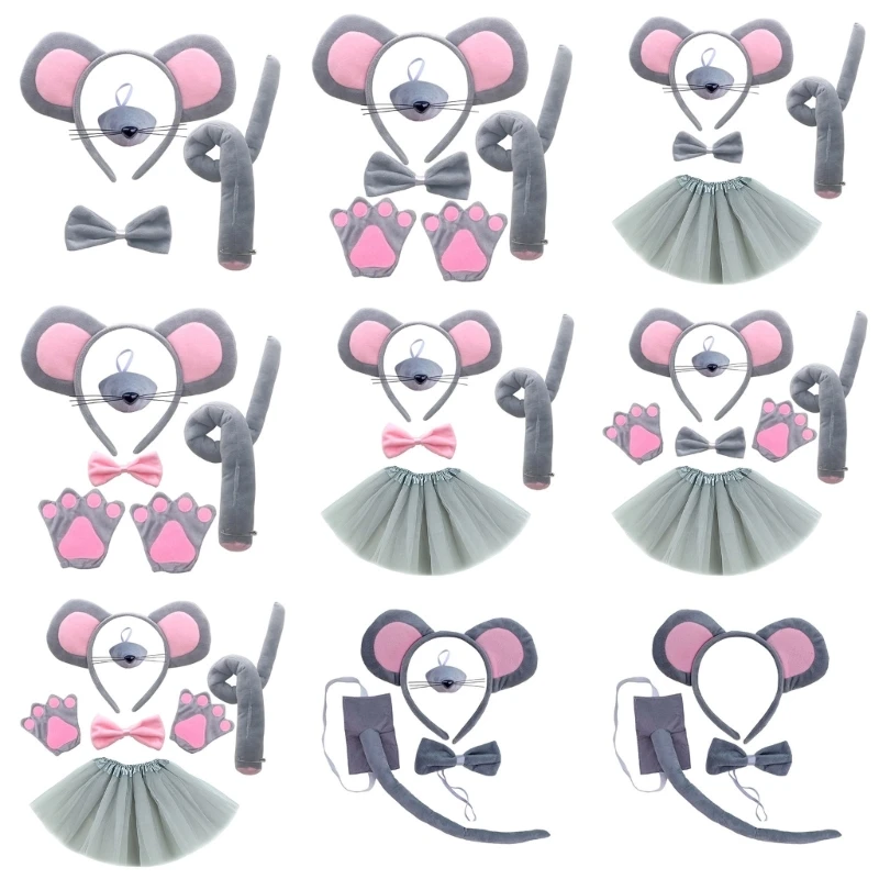 

634C Halloween Mice Costume Animal Dress up Kits Includes Mouse Hairband, Tail, Nose, Bowtie for Kid Halloween Cosplay Party