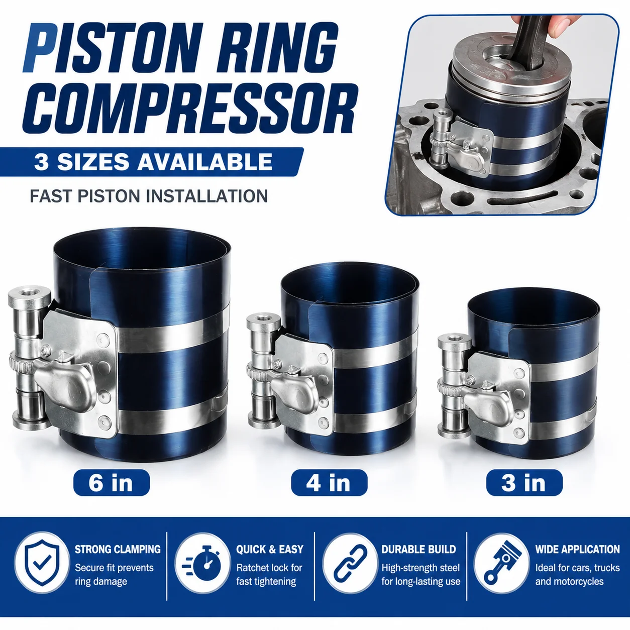 Automotive Piston Ring Compressor Installer Tool Universal Engine Repair Tool Alloy Steel Compression Band Cylinder Maintenance