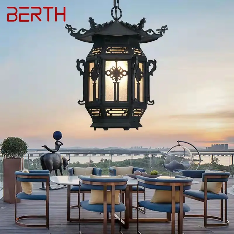 BERTH Chinese Lantern Pendant Lamps Outdoor Waterproof LED Black Retro Chandelier for Home Hotel Corridor Decor Electricity