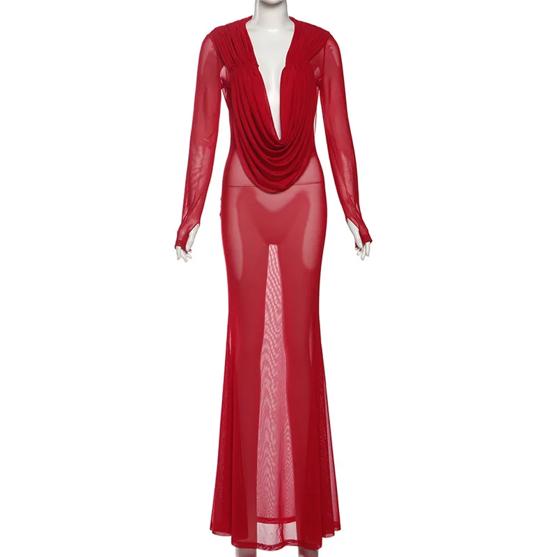 فستان نسائي أنيق مثير شفاف من خلال شبكة Bodycon فستان ماكسي للحفلات مكشكش وياقة متأرجحة وأكمام طويلة نحيفة لأعياد الميلاد رداء طويل للنوادي #3