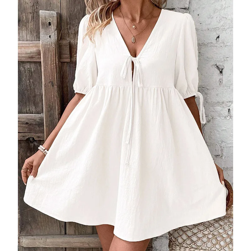 Mini abito allentato estivo da donna casual Solido sexy scollo a V Manica corta Gonna da spiaggia Vestito estivo Abiti eleganti e traspiranti Abiti