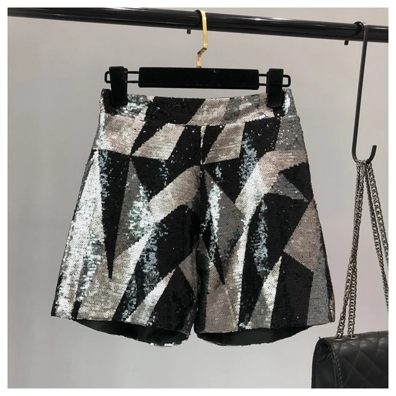 New Spring 2023 Blingbling Geometry Sequins Wide Leg Shorts All-match Zip High Waist Streetwear Trendy Women Short Pants