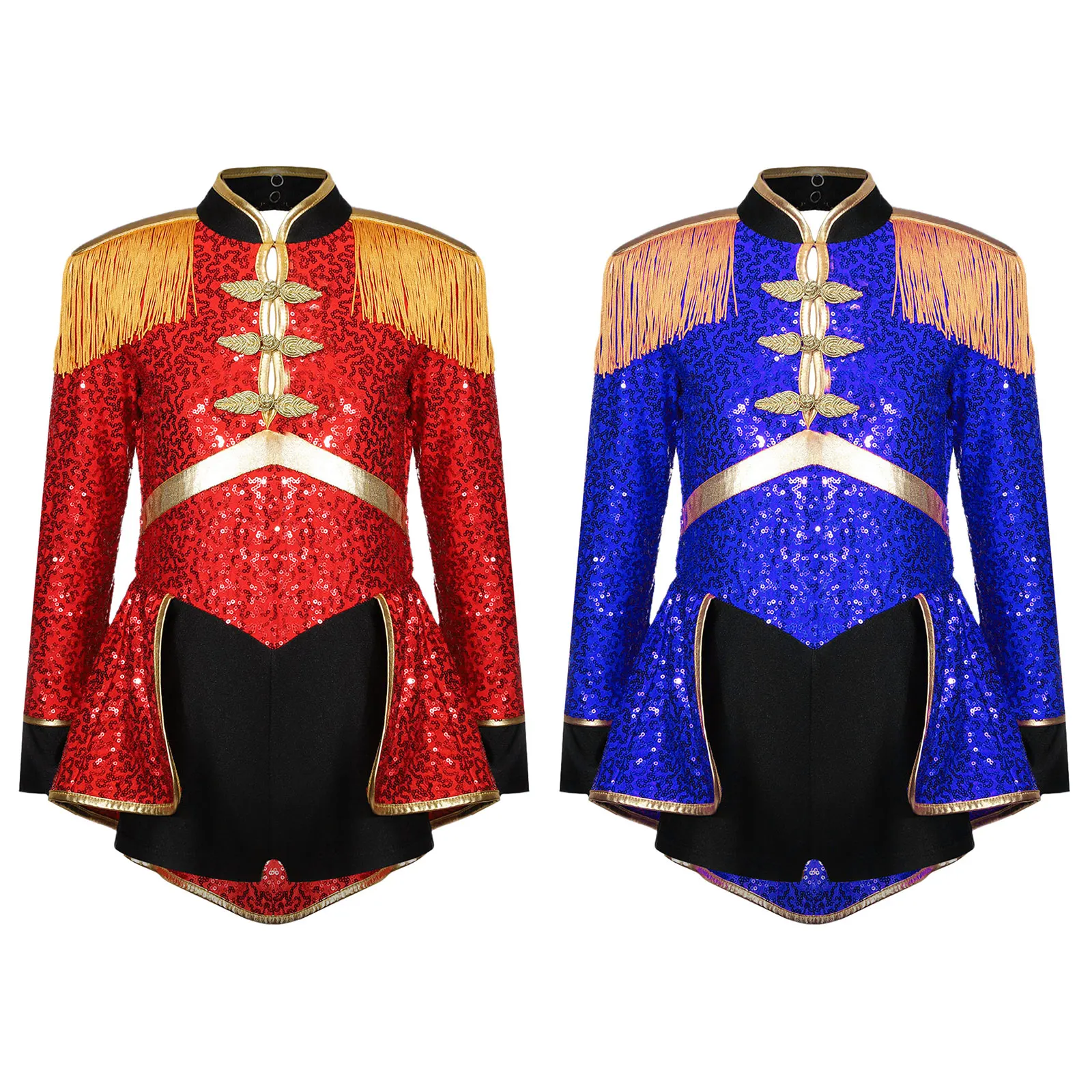 Kids Girls Ringmaster Circus Costume Magician Drummer Cosplay Party Leotard Long Sleeve Fringe Epaulet Sequins Bodysuit Dress Up