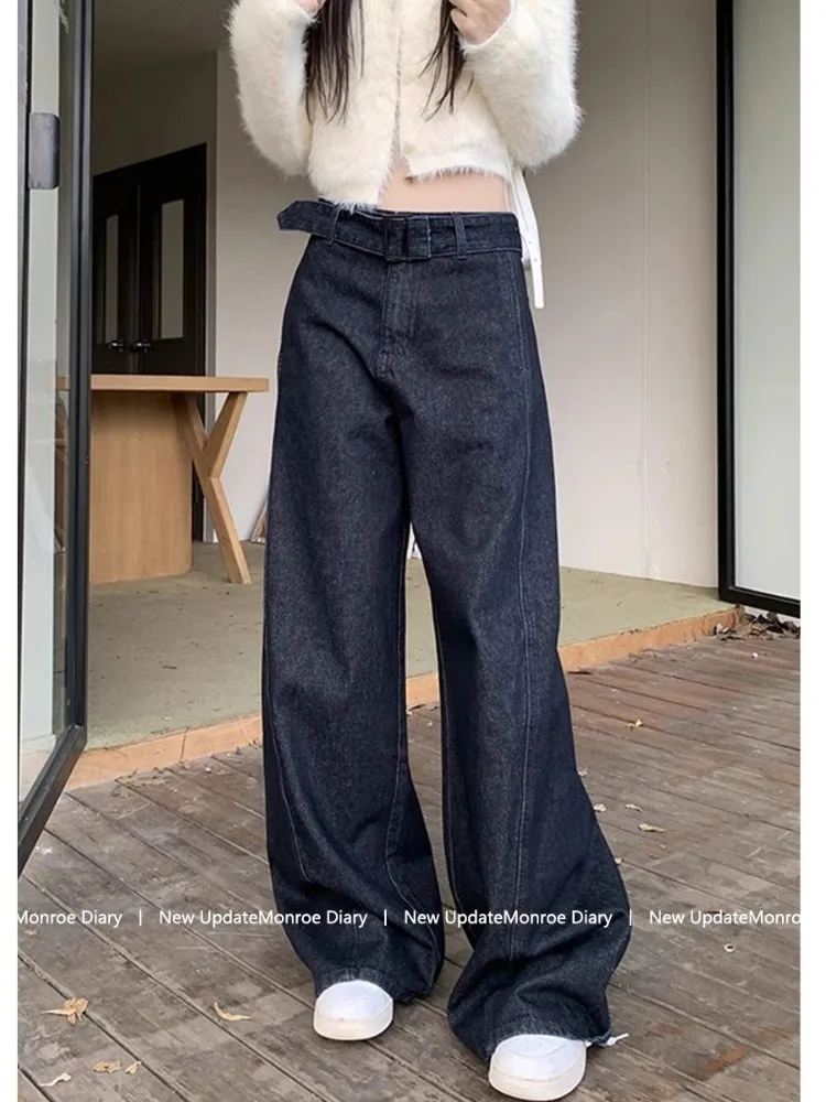 Deeptown Korean Version Vintage Streetwear Navy High Waist Wide Leg Jeans Pants 2024 Spring New Casual Full Length Trouser Women