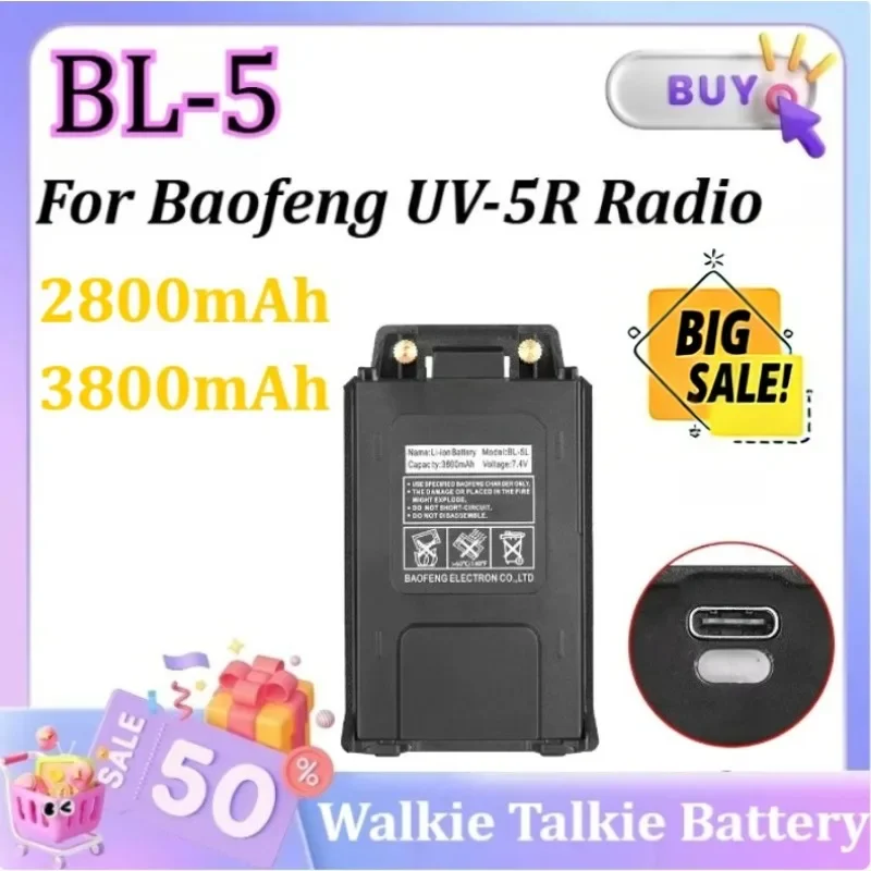 SWZY BL-5 UV-5R Rechargeable Li-on Battery with Type-c for Baofeng UV-5R Radio Accessories UV 5R Walkie Talkie Batteries 7.4V 28