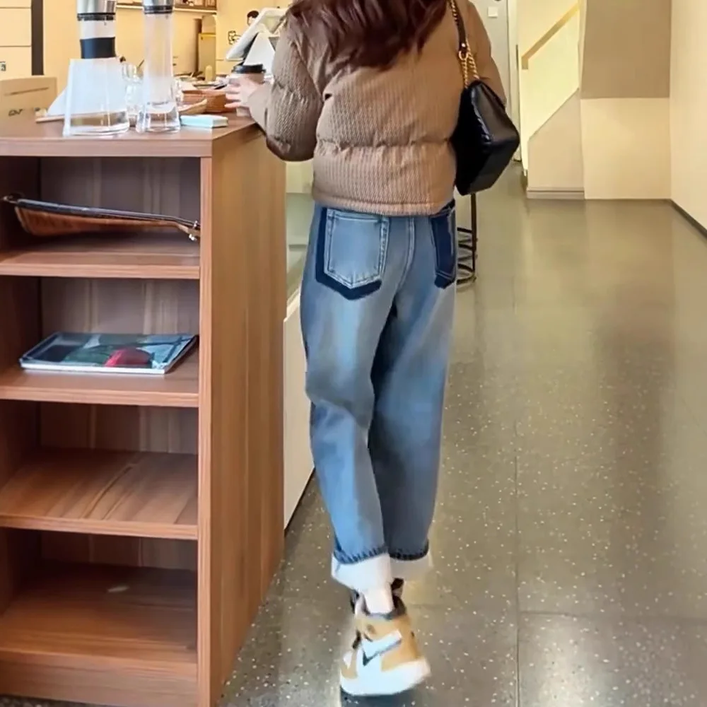 

Women Jeans Solid Straight Jean Ankle Length Fleece Pants Zipper Fly High Waist Washed Distressed Pockets Casual Autumn