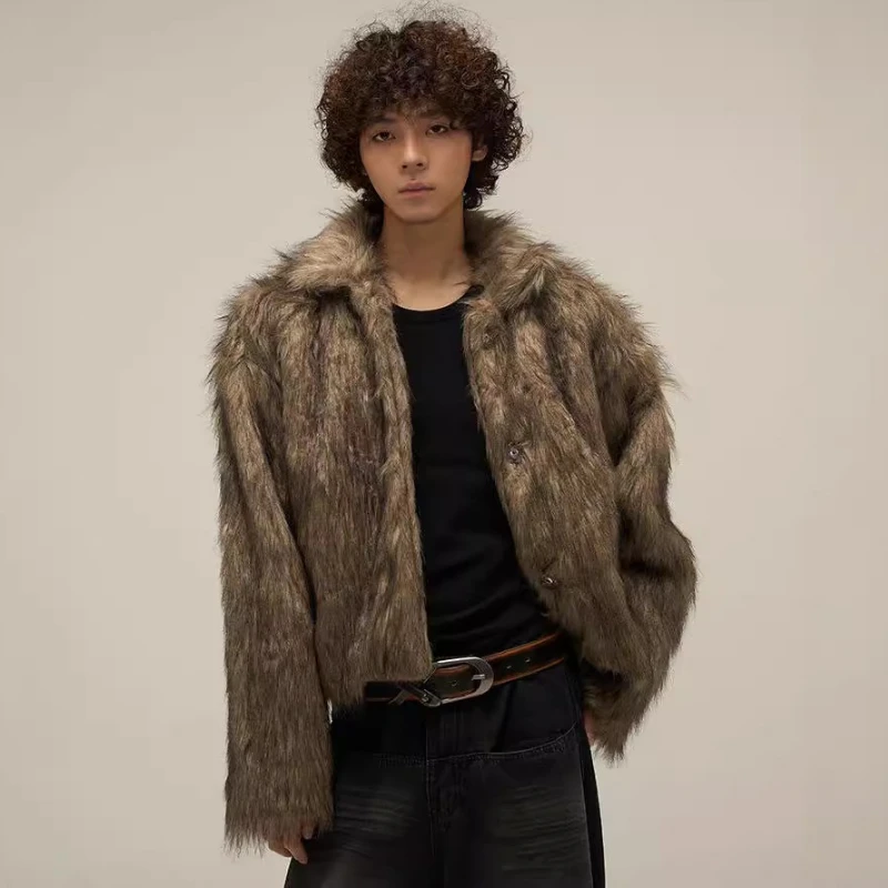 Vintage Harajuku Winter Short Thick Warm Soft Faux Fur Coat Men Lapel Design Fluffy Fur Outerwear Long Sleeve Tops Trendy New