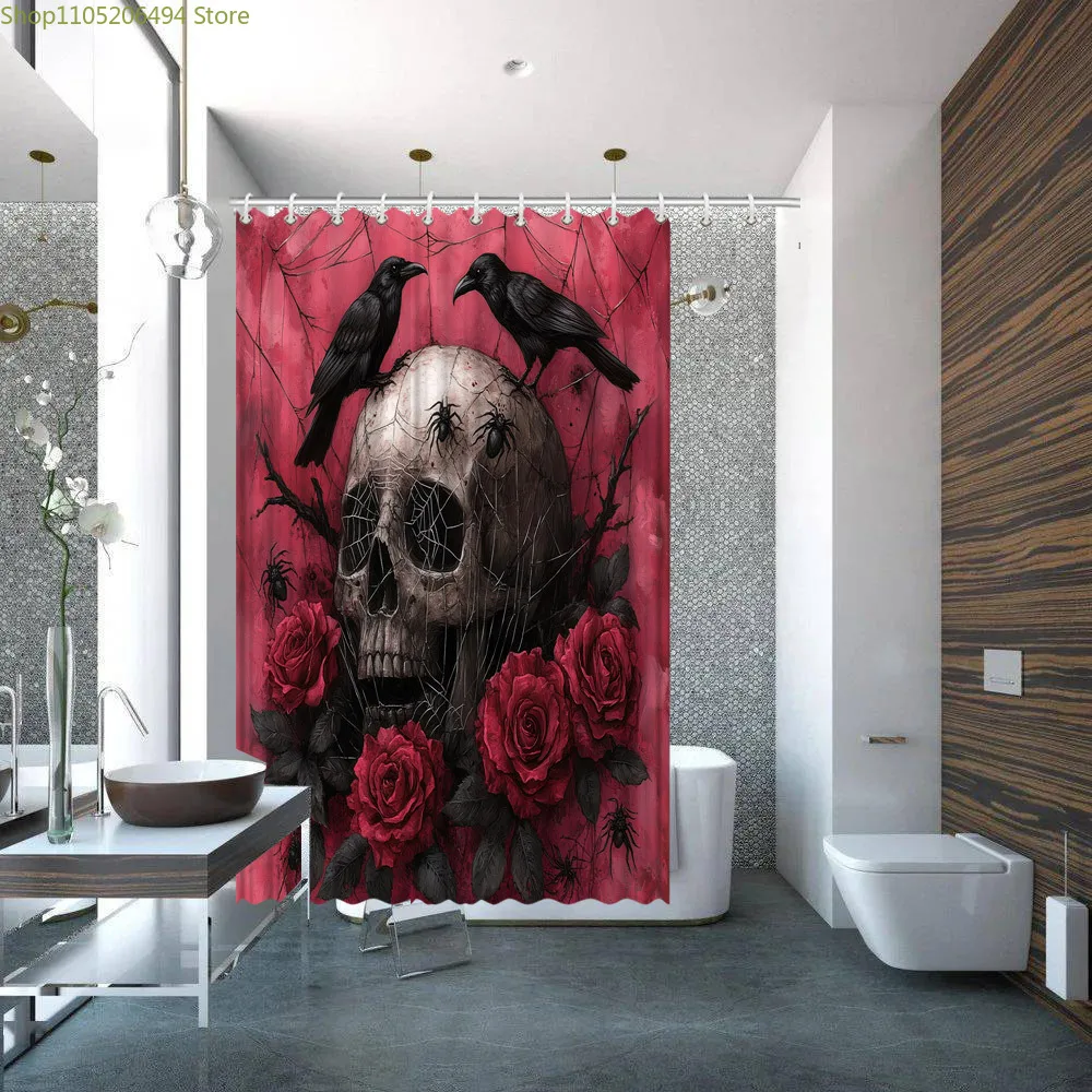 

1pc Gothic Artistic Skull Shower Curtain, Vivid Red Background, with Spiders, Ravens & Blooming Roses, Polyester Fabric, Dark