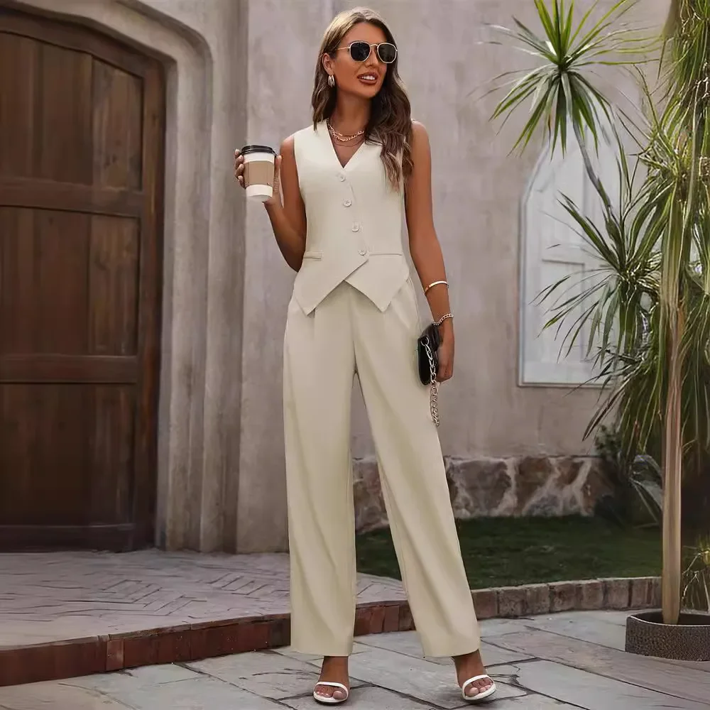 Two Piece Sets Women Pant Set V Neck Sleeveless Matching Sets Vests Tops Long Pants Blazer Straight Trousers Casual Streetwear
