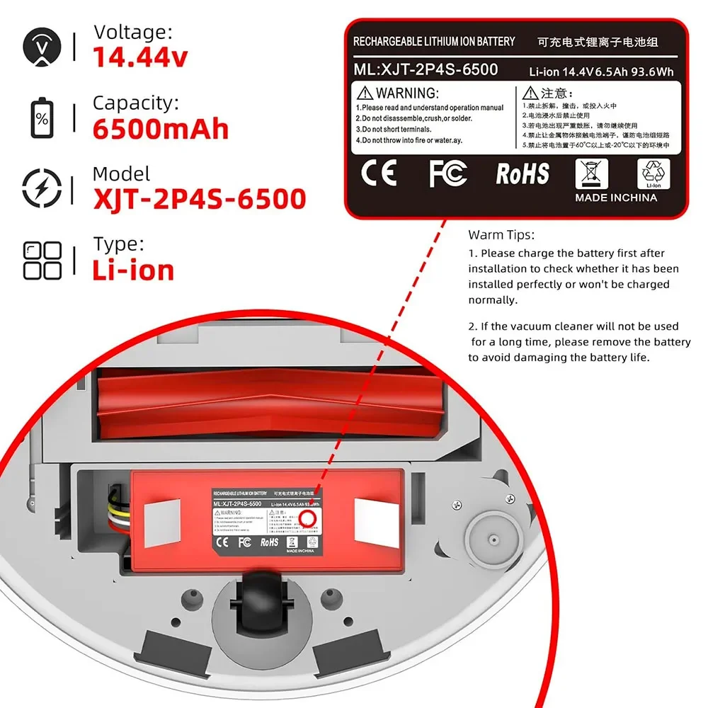 

for Roborock S4 S5 S6 S7 Q5 Q7 Replacement Battery 6500mAh 14.4V Li-ion Pack for S4 Max S5 Max S7 Max Xiaomi Mi Vacuum 1st Gen