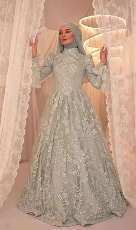 Sage Muslim Kaftan Formal Evening Dress High-Neck Luxury Embroidered Sequined Long-Sleeved Party Dress for Women Customized