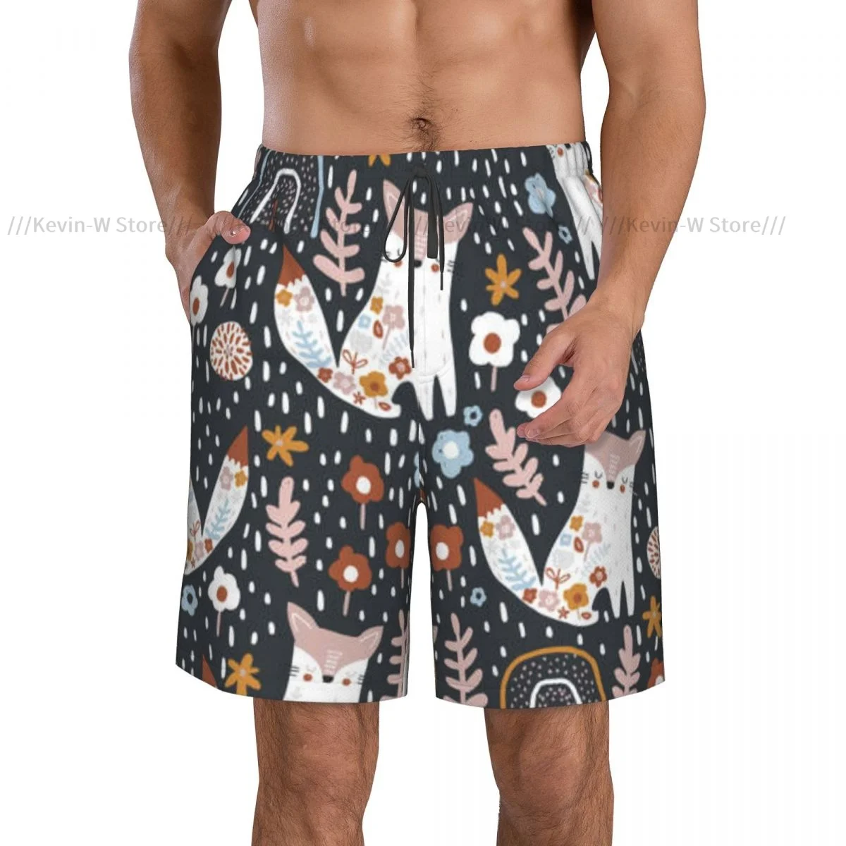 Mens Quick-drying Beachwear Cute Floral Foxes Swimsuit Men 2024 Bathing Suit Summer Men's Swimwear