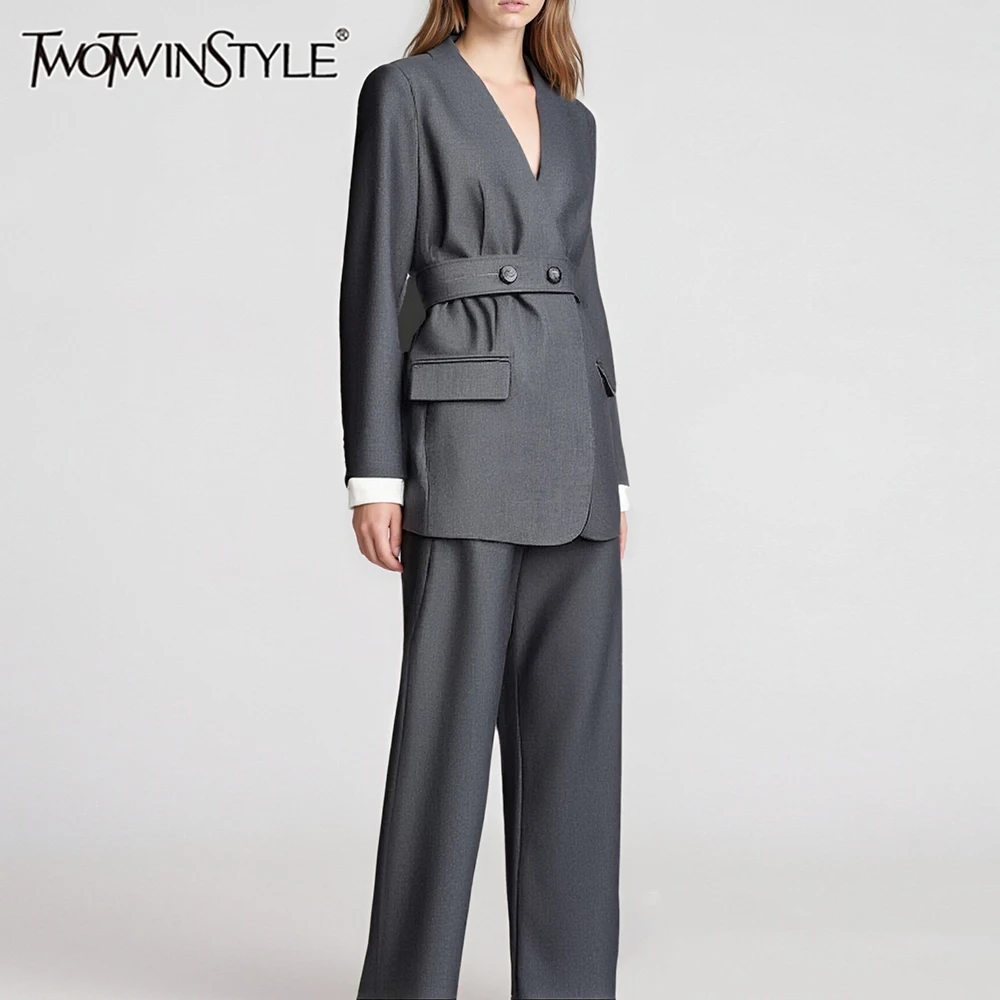 TWOTWINSTYLE Casual Two Piece Sets for Women V Neck Long Sleeves Spliced Lace Up Blazer High Waist Pant Elegant Set Female New