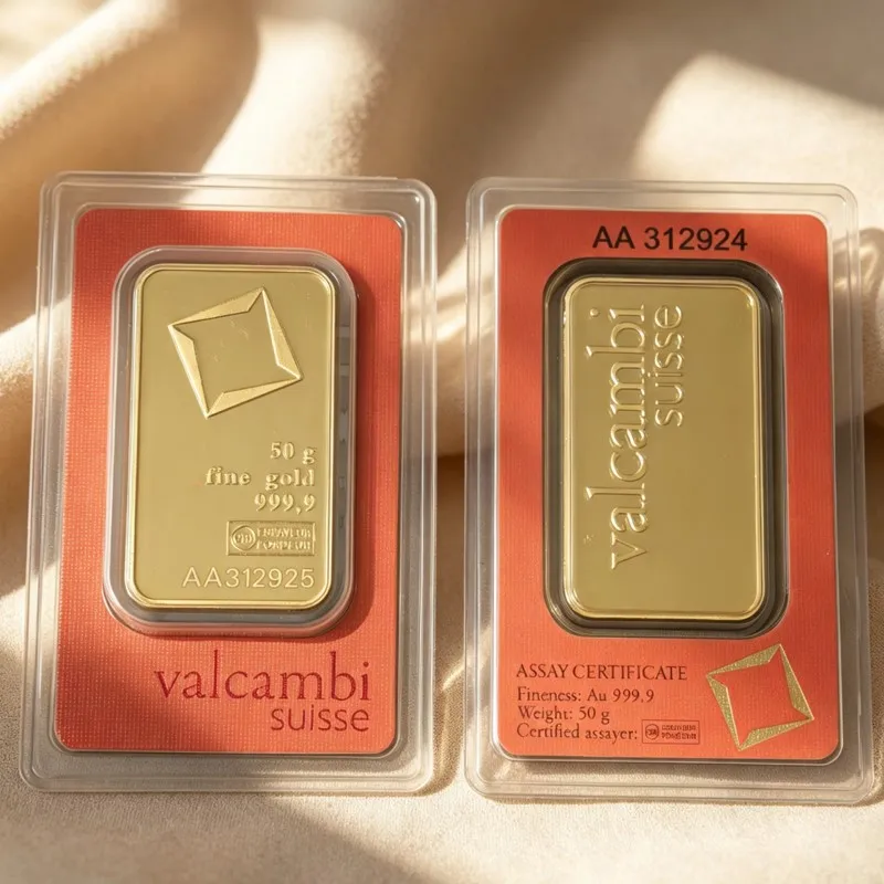Valcambi 1oz/50g Goldbarren aus Messing, vergoldet, mit verschiedenen Seriennummern, Goldbarren zur Heimdekoration – Detail 3