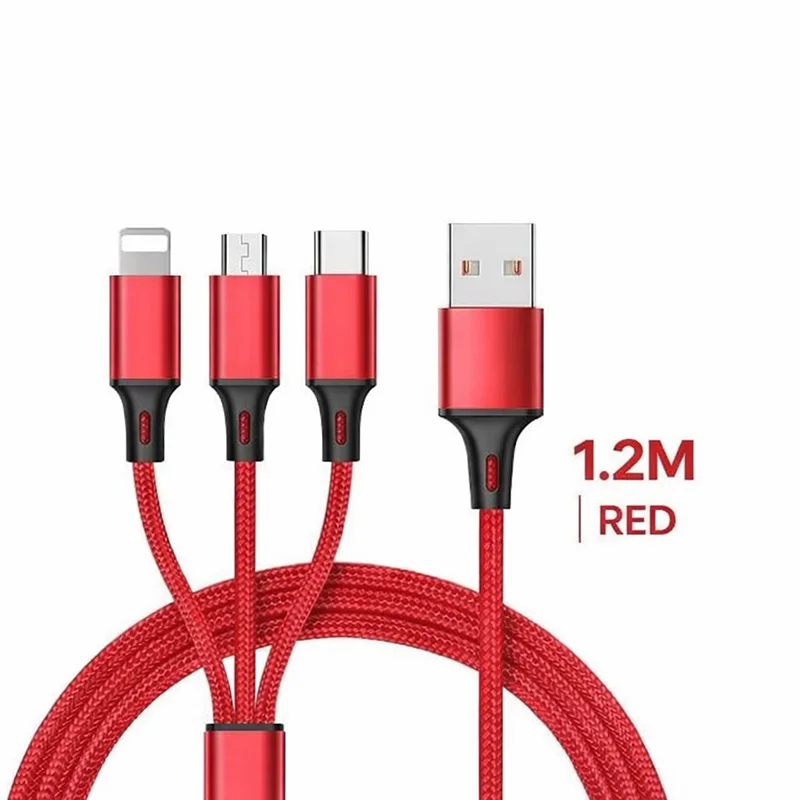 3-in-1 snellaadkabel voor iPhone, Xiaomi, USB-C, Micro USB, 1,2 m multi-poort USB-oplaadkabel voor telefoons, tablets en apparaten