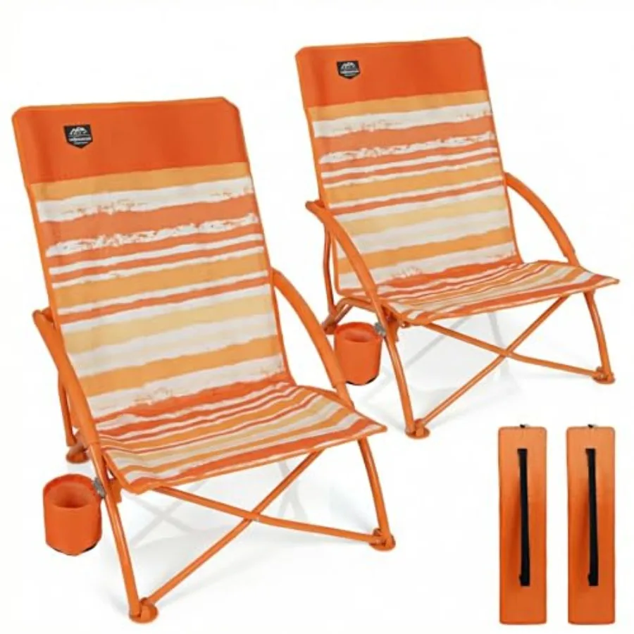 

2 Pack Low Beach Chair Folding Recliner Camping Chair for Adults Lightweight Backpacking Low Seat with Cup Holder Carry Bag Ora