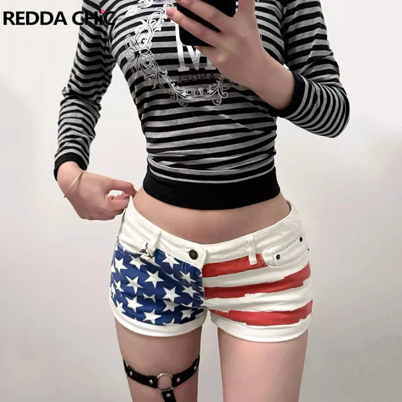 ReddaChic Star Y2k Women Rolled Denim Shorts Summer US Flag Print Color Block Slim Low Waist Bootypants Sexy Vintage Clothes