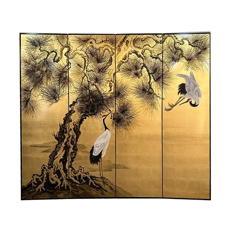 Custom folding screen partition hand-painted gold foil lacquer painting screen ancient pine Japanese style crane