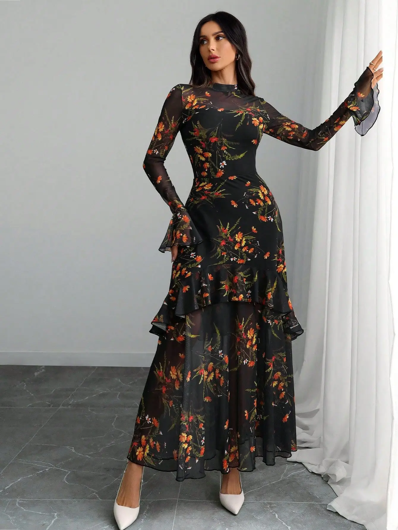 

Women's Black Floral Mesh Maxi Gown Long Sleeve Ruffled High Neck Tiered Dress Elegant Evening Party Wear For Dating & Events