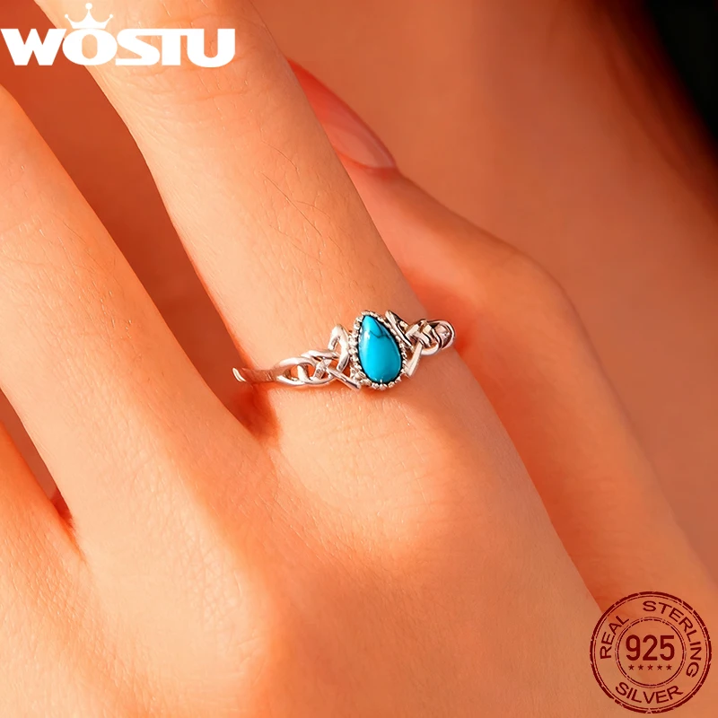 

WOSTU стерлингового серебра 925 пробы, каплевидное кольцо с кельтским узлом и бирюзой для женщин, прочные регулируемые кольца-пасьянс для свадьбы, подарок для нее