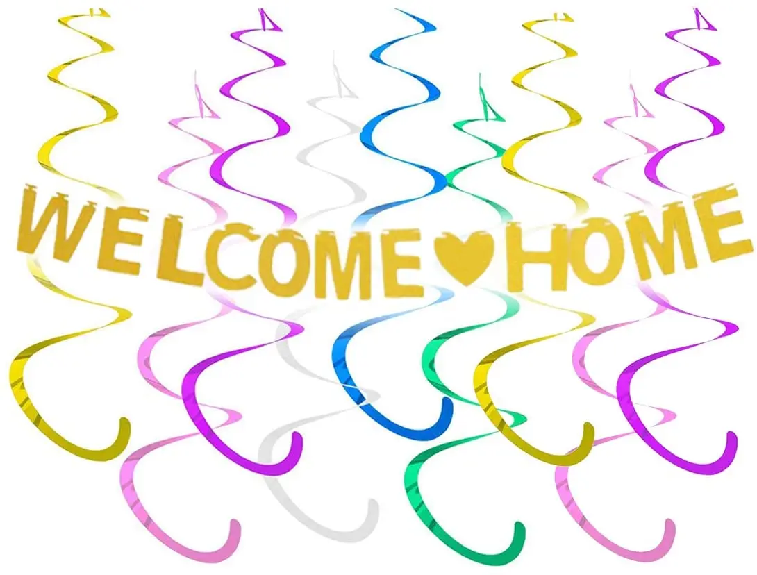 

Fangleland Welcome Home Banner Decoration Set for Family Party Decor Gold Glitter Bunting and Hanging Swirls Homecoming Decors