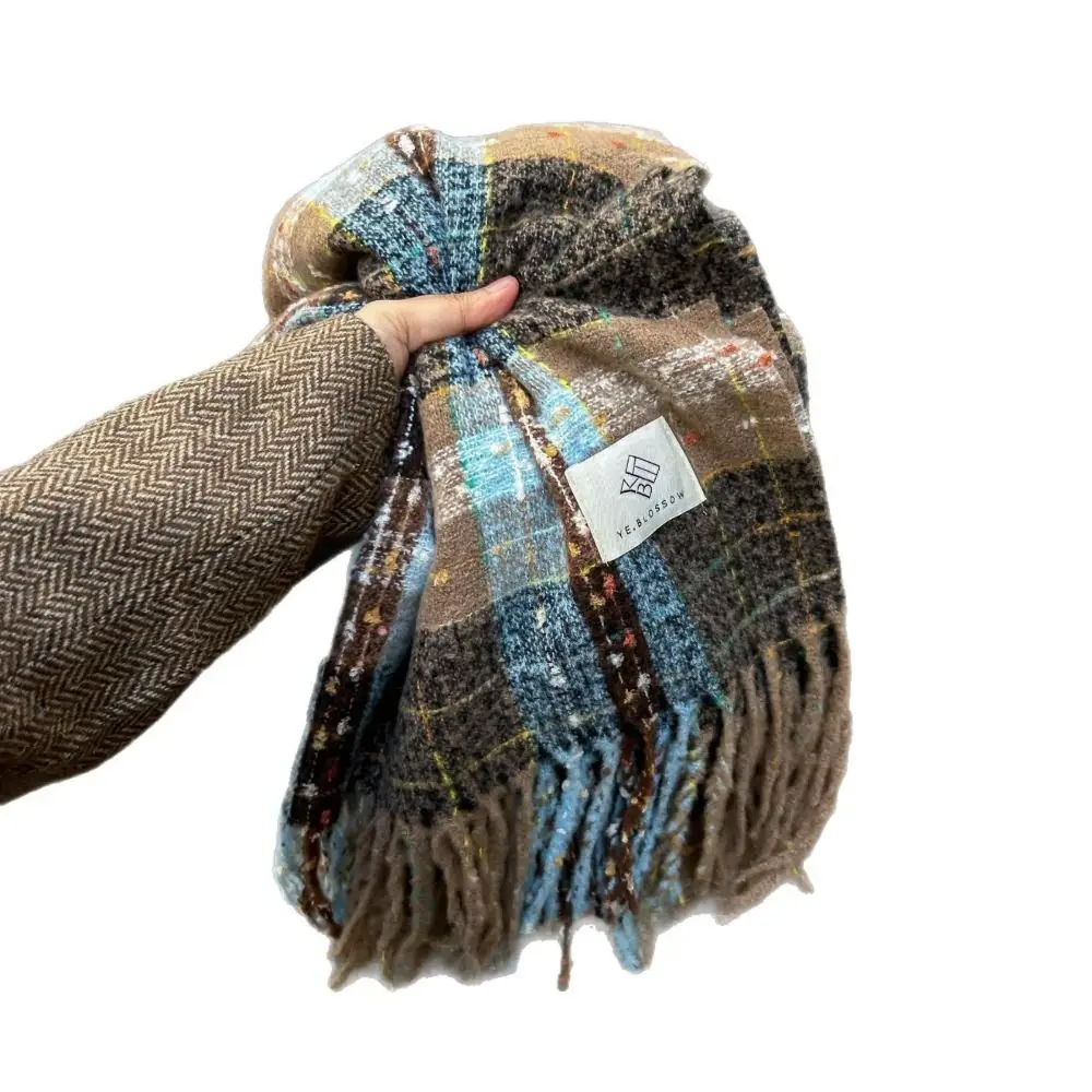 Fashionable Warm Plaid Faux Cashmere Scarf 200cm x 63cm Oversized Polyester Thick Scarf Versatile Shawl Wrap For Men