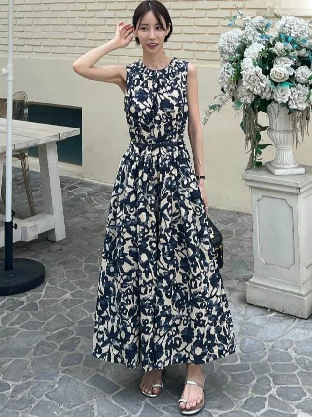 

Retro Ele Floral Print Vest Dr Women's Summer New Holiday Sle Long Skirt with Belt Floral Patterned Svel Dr