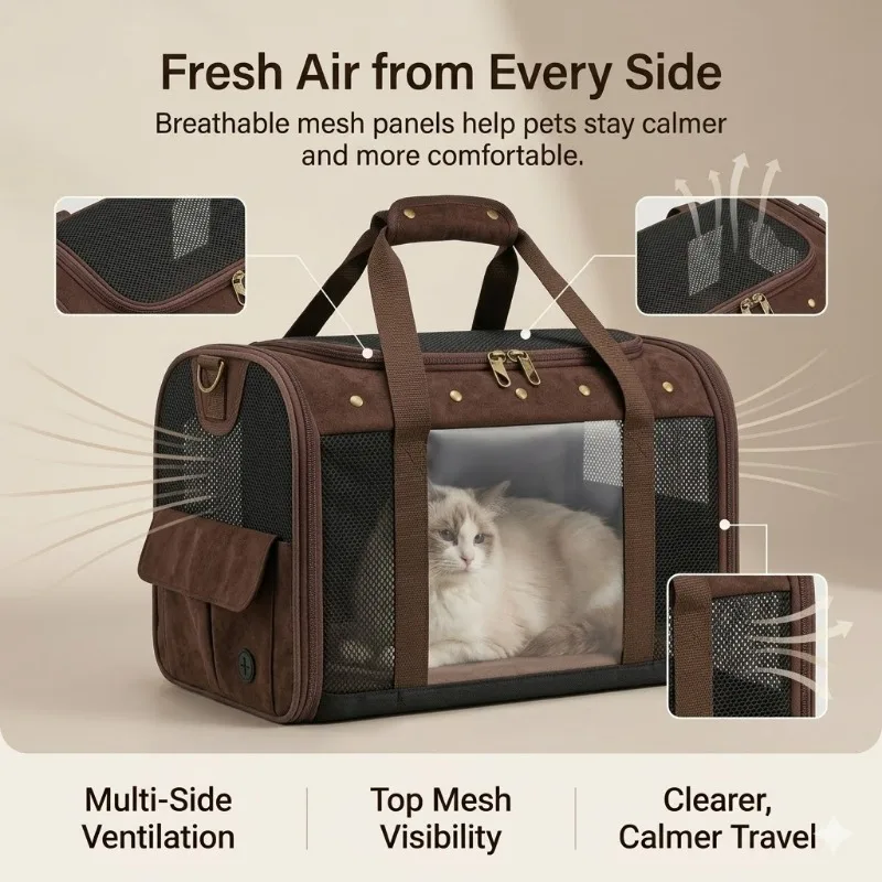 Suede Breathable Cat Carrier Bag Portable Handbag Backpack Crossbody Pet Tote For Outdoor Cat Travel Use