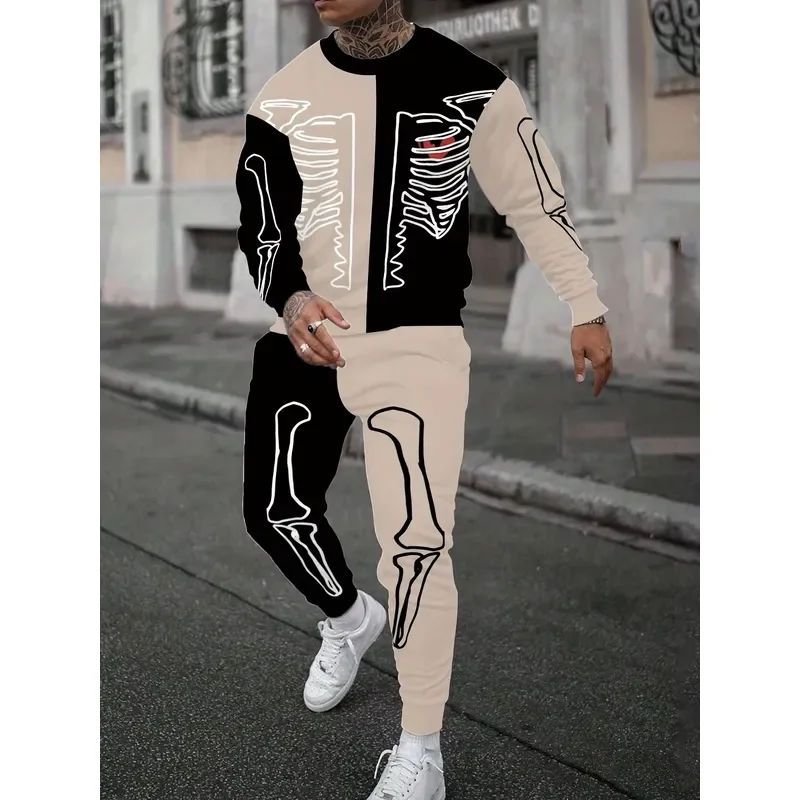 Men Round Neck Sweater Set 3D Skeleton Pattern Printed American Street Casual Fashionable Autumn Winter New Long Sleeve