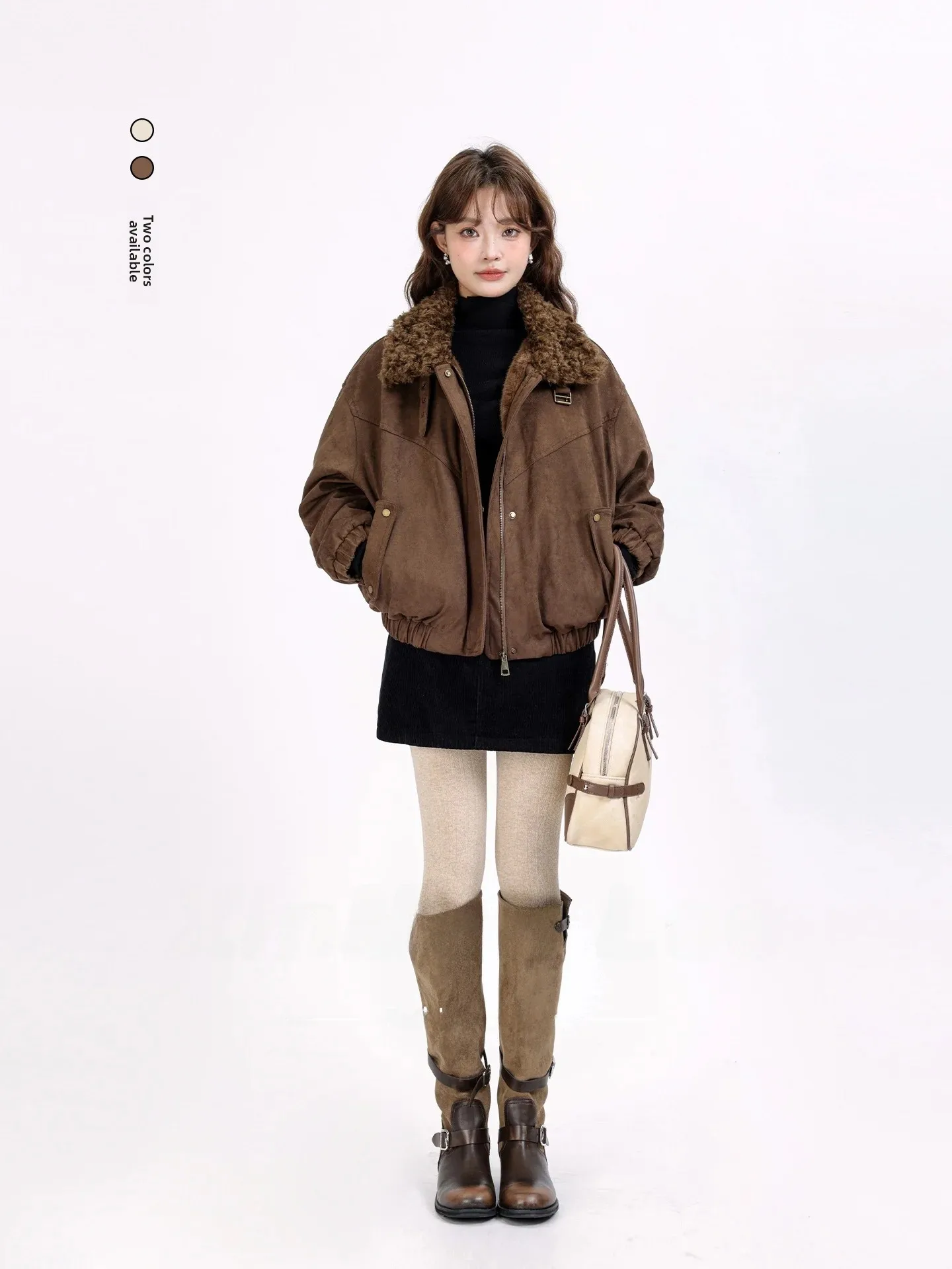 Thickened Faux Fur Collar Short Suede Jacket Women's Winter Outerwear One-Piece Leather And Fur Coat Warm Standard Fit Americ...