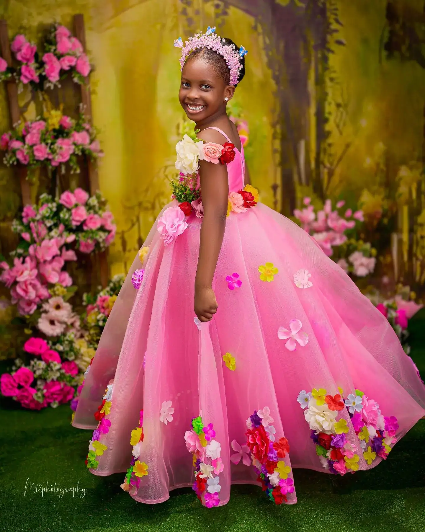 Luxury Pink Kids Birthday Dresses Colorful Big Flower Girl Dresses for Wedding Baby Girls Prom for Photoshoot