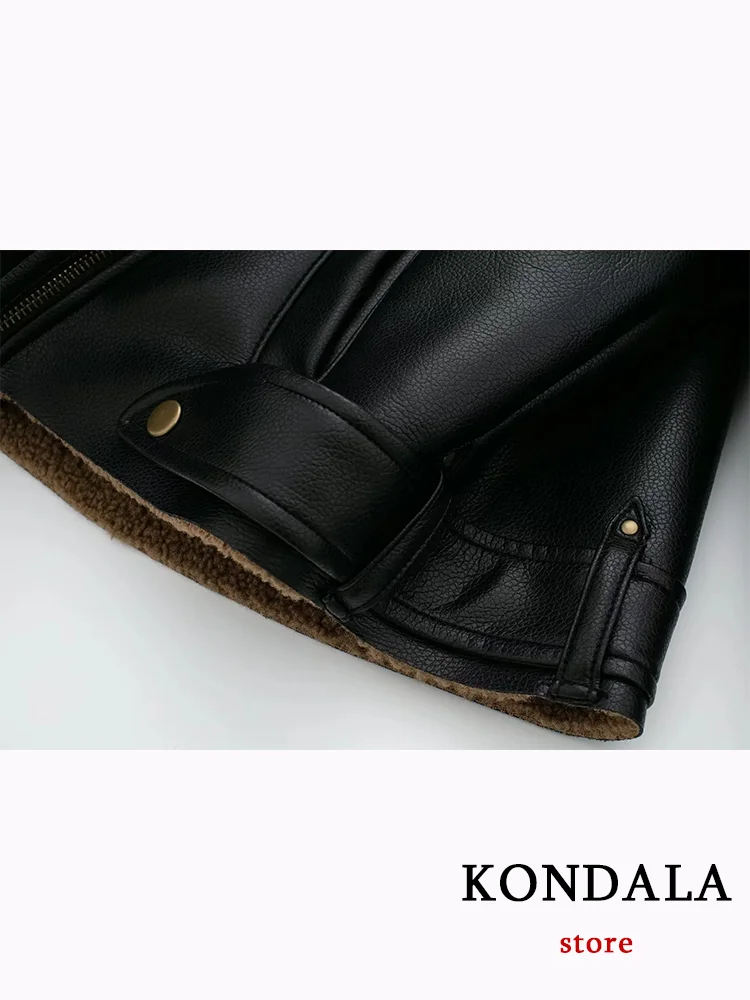 KONDALA Casual Women Leather Jackets Pockets Zippers Long Sleeve Thick Fur Coats Fashion 2023 Autumn Winter Jackets Outwears