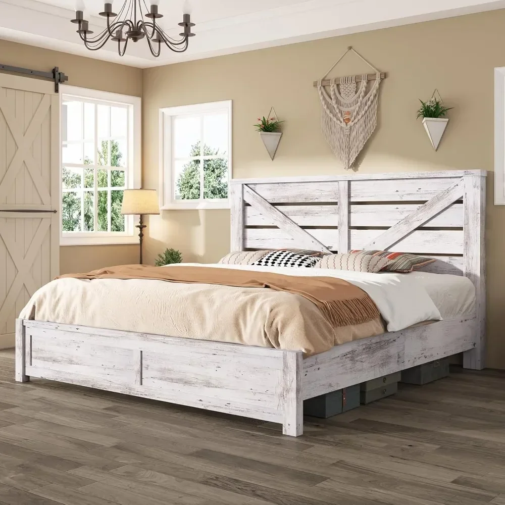 

Bed Frame with 49.2" Barn Door Headboard, Platform Bed Frame with Wood Slats, Under Bed Storage Space, Easy Assembly