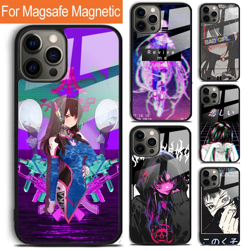 Vaporwave Aesthetic Sad Anime Phone Case For iPhone 16 15 14 13 12 11 Pro Max Plus Magsafe Magnetic Wireless Charging Cover