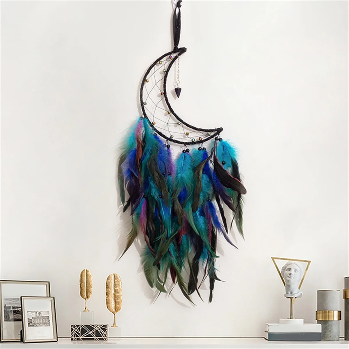 Moon DreamCatcher, Handmade Feather Dreamcatcher Boho Wall Hanging Ornament Blessing Gift for Bedroom Party Decoration