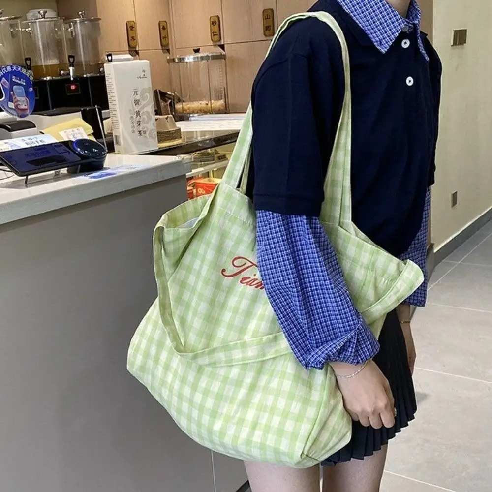 Letter Plaid Shoulder Bag Candy Color Light Weight Canvas Tote Bag Korean Style Handbag Large Capacity Crossbody Bag Student