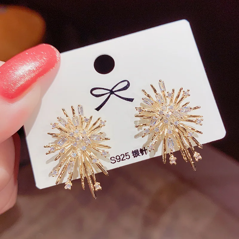 Zircon Fireworks Stud 14K Gold Electroplating Exquisite Earrings 925 Silver Needles Jewelry Gift