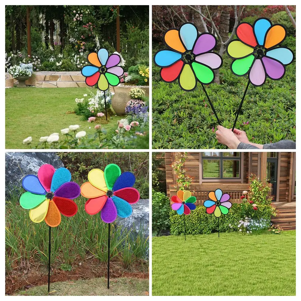 Lantejoula Windmill Floor Insert com punho plástico, Pinwheels ao ar livre, colorido para a festa, berçário, decoração do jardim