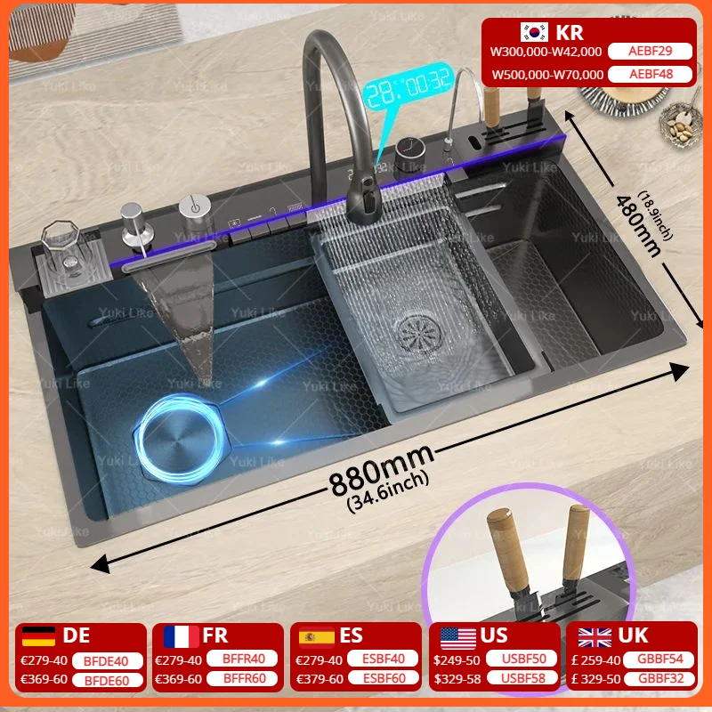 ステンレス鋼滝キッチンシンクナイフホルダーカップ洗浄エンボス加工特大シングルシンク農家洗面台