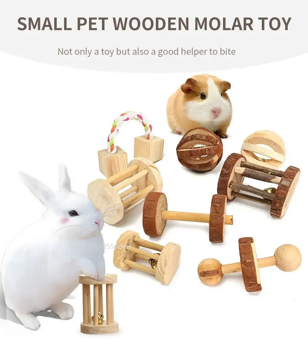 Cute Rabbit Roller Toys Natural Wooden Pine Dumbells Unicycle Bell Chew Toys for Guinea Pigs Rat Small Pet Molars Supplies