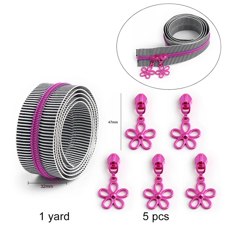 1 yard 5# nylon zipper with 5 flower metal pull tabs wallet clothing zipper puller DIY repair tailor kit