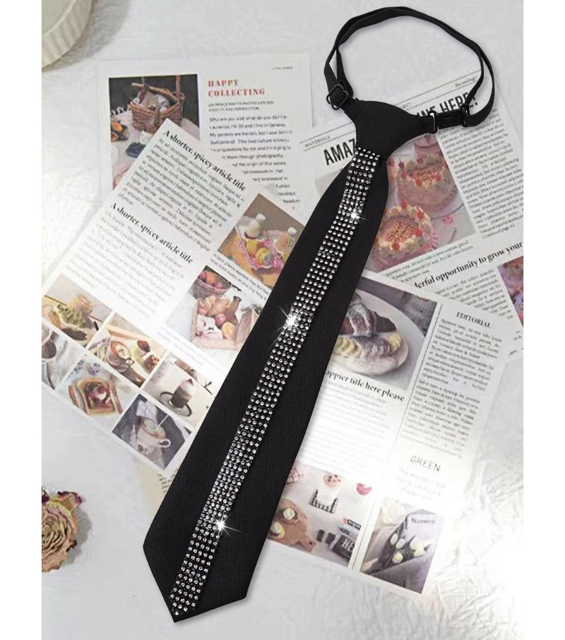 Elegant Black Rhinestone Lazy Tie Adjustable Neck Ties for Women Perfect for Casual & Business Shirt Bowtie Accessories