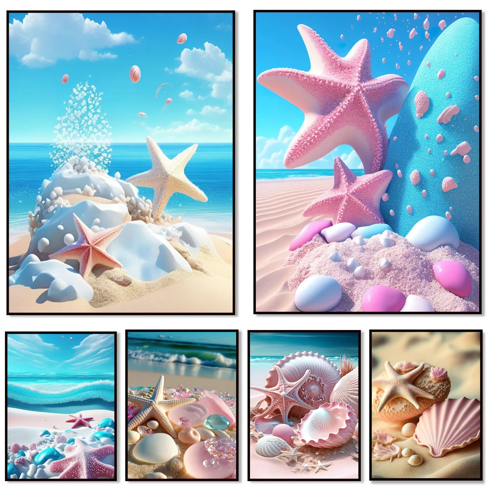 

Beautiful Pastel Starfish Landscape Seaside Blue Sky White Clouds Canvas Art Poster Children's Room Beautiful Decoration
