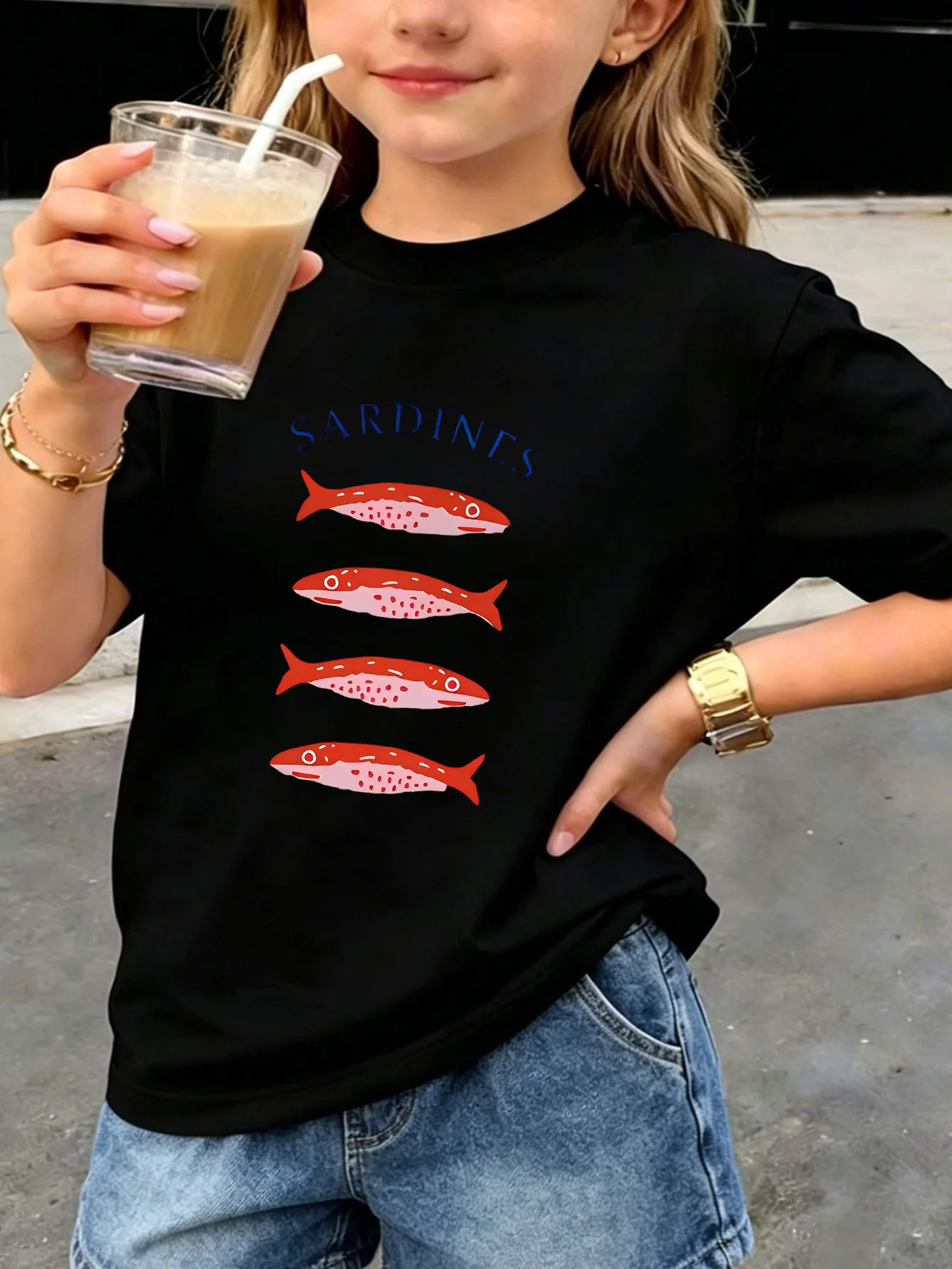 Kids Tee Minimal Vertical Sardine Fish And SARDINES Text Lovely Cartoon Pattern Print Short Sleeve Cotton Children Casual Wear