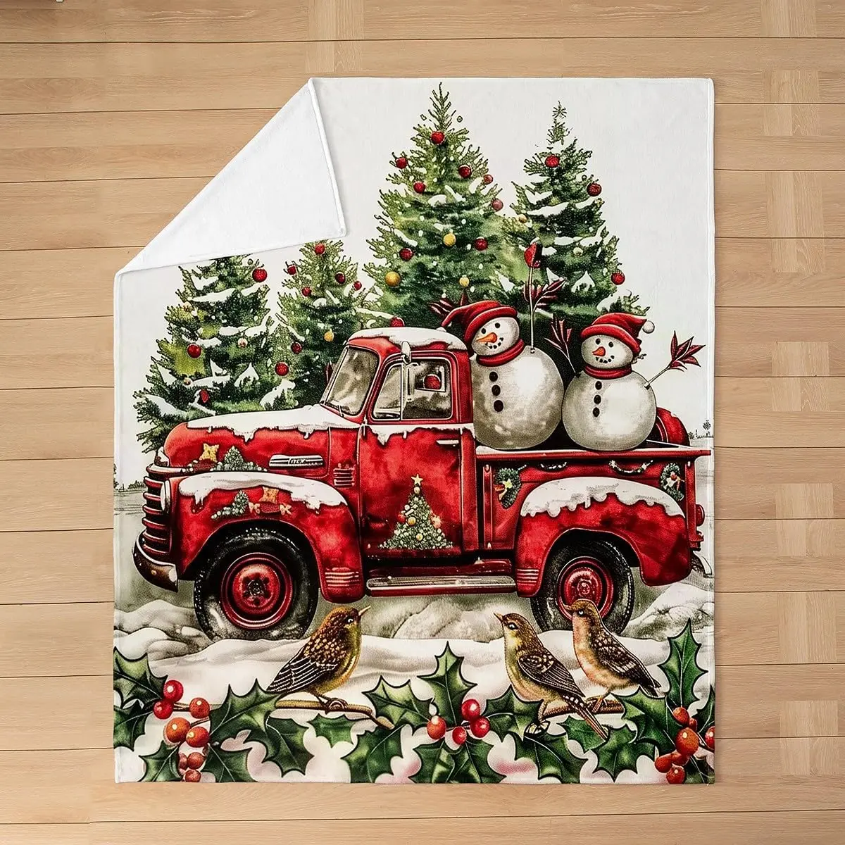

Christmas Truck Kids Flannel Blanket,Snowman Pine Tree Holly Leaves Bed Blanket,Bird Rustic Farmhouse Xmas Girls Boys Sofa Decor