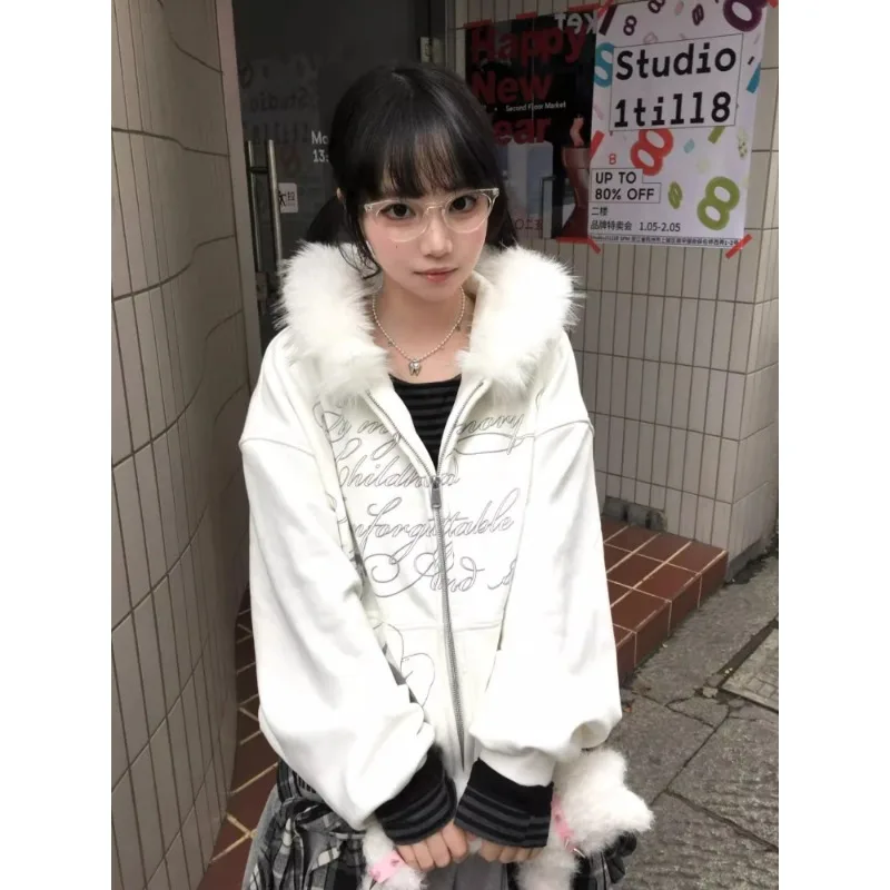 

American Retro Harajuku Faux Fur Collar Hooded Coats Women Y2K Streetwear Warm Harajuku Casual Jacket Subculture Retro Tops