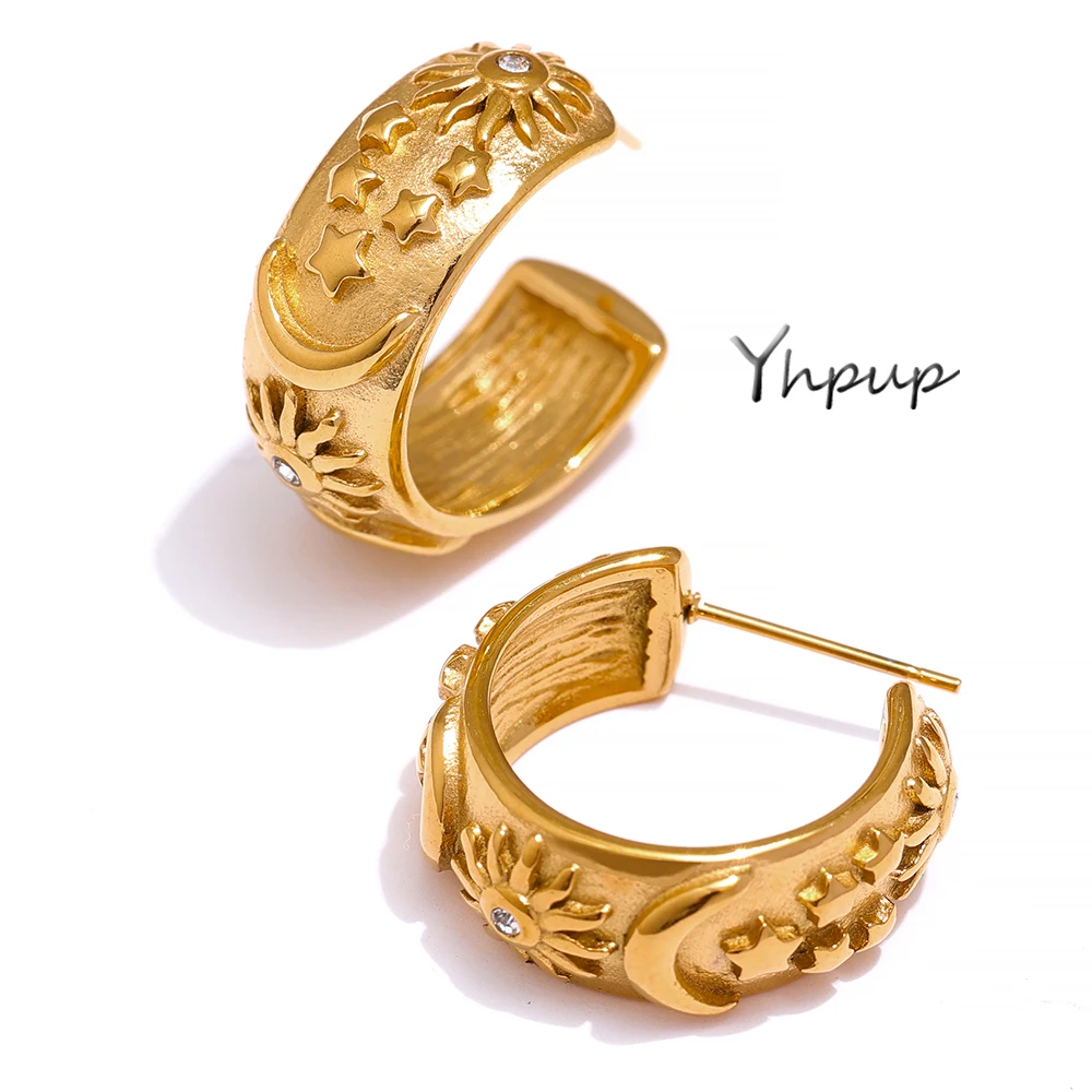 Yhpup 316 Stainless Steel Hoop Earrings  Moon Star Sun Female Fashion Round Circle Geometric Earrings Jewelry For Women